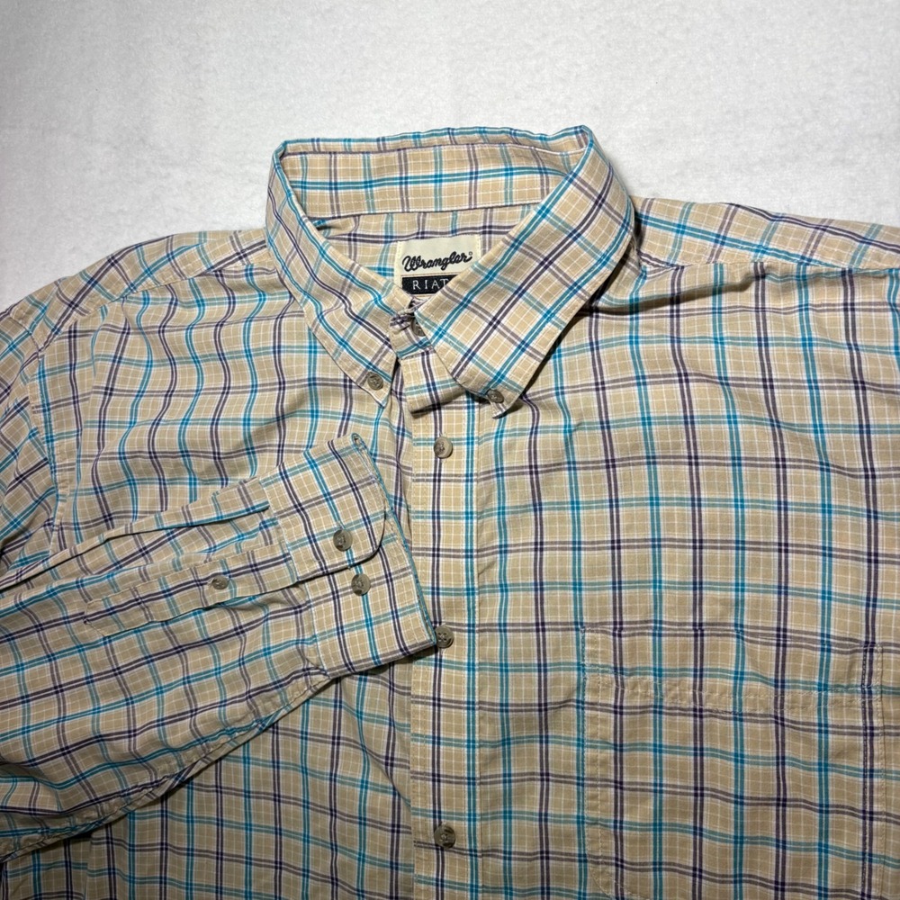 VTG Wrangler Riata Mens XXL Plaid Button Down Shirt Tan Blue MR00109 Long Sleeve